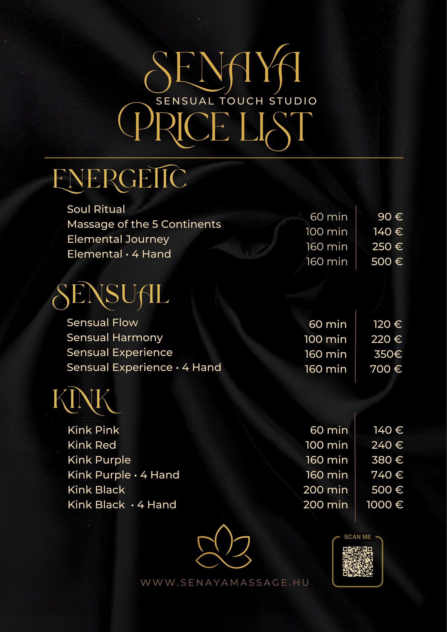 Senaya Massage Studio price list with Energetic, Sensual and Kink categories.