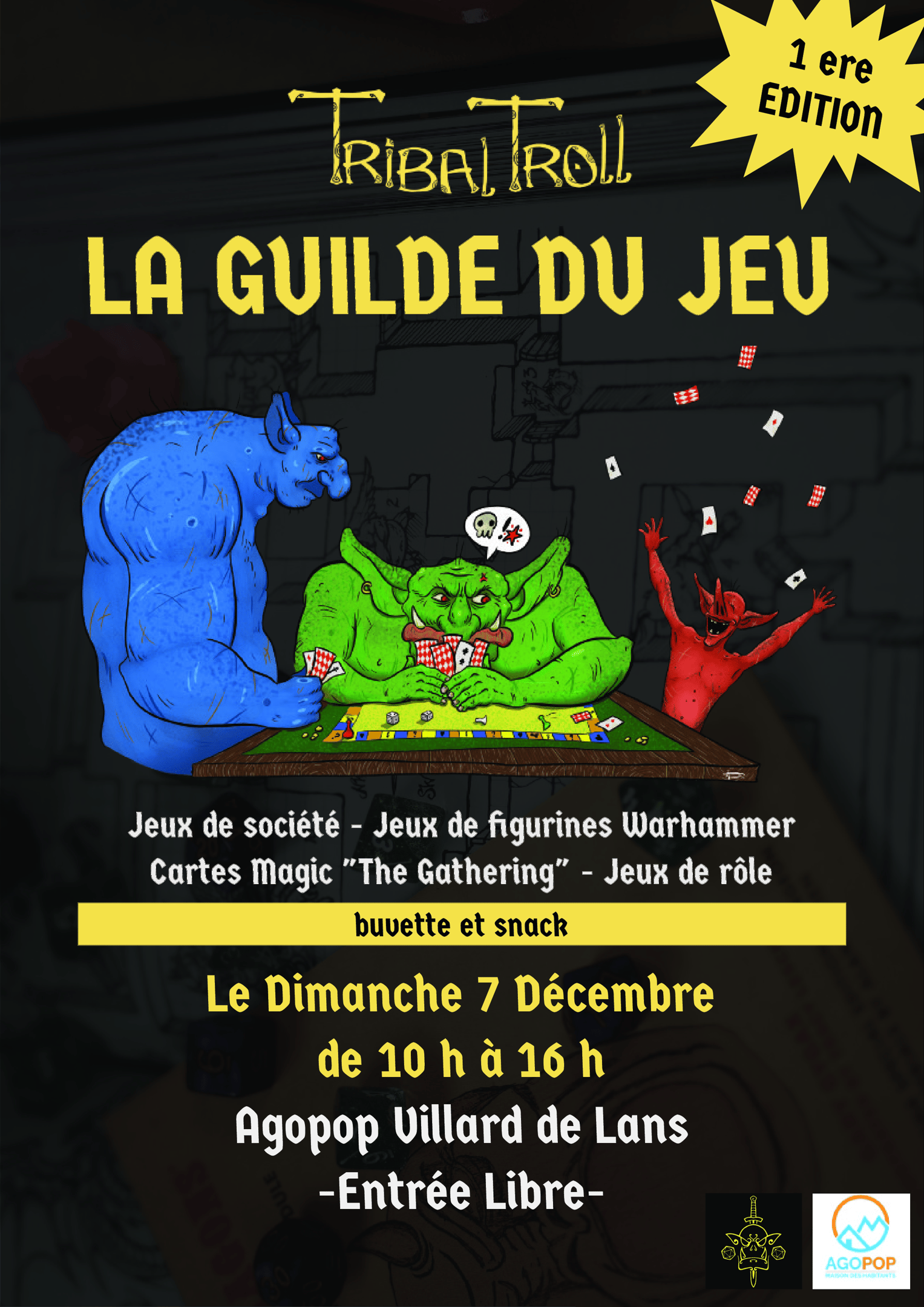 Poster for La Guilde du Jeu gaming event in Villard de Lans featuring board games, Magic cards, and Warhammer.