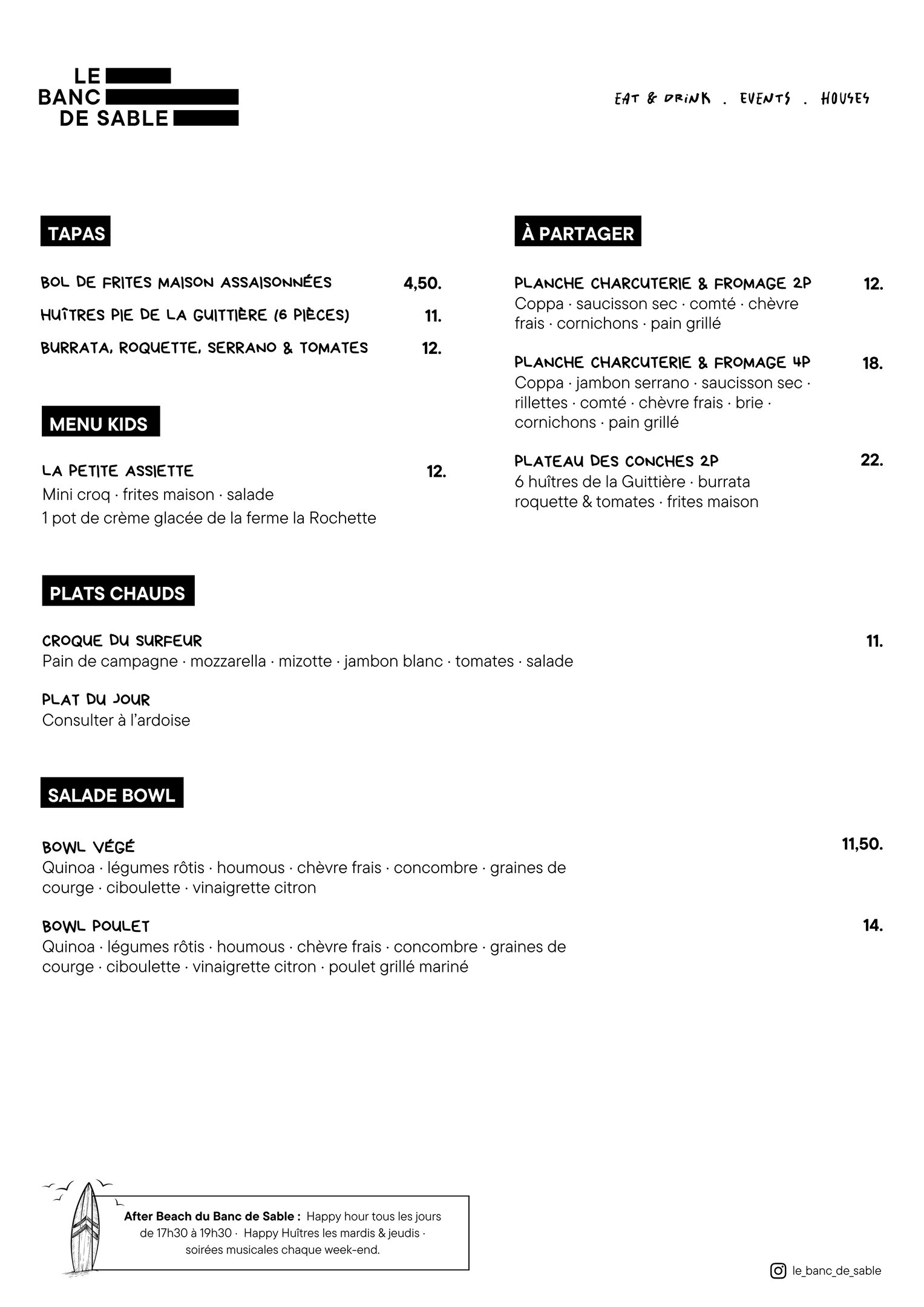 menu le banc de sable 2026