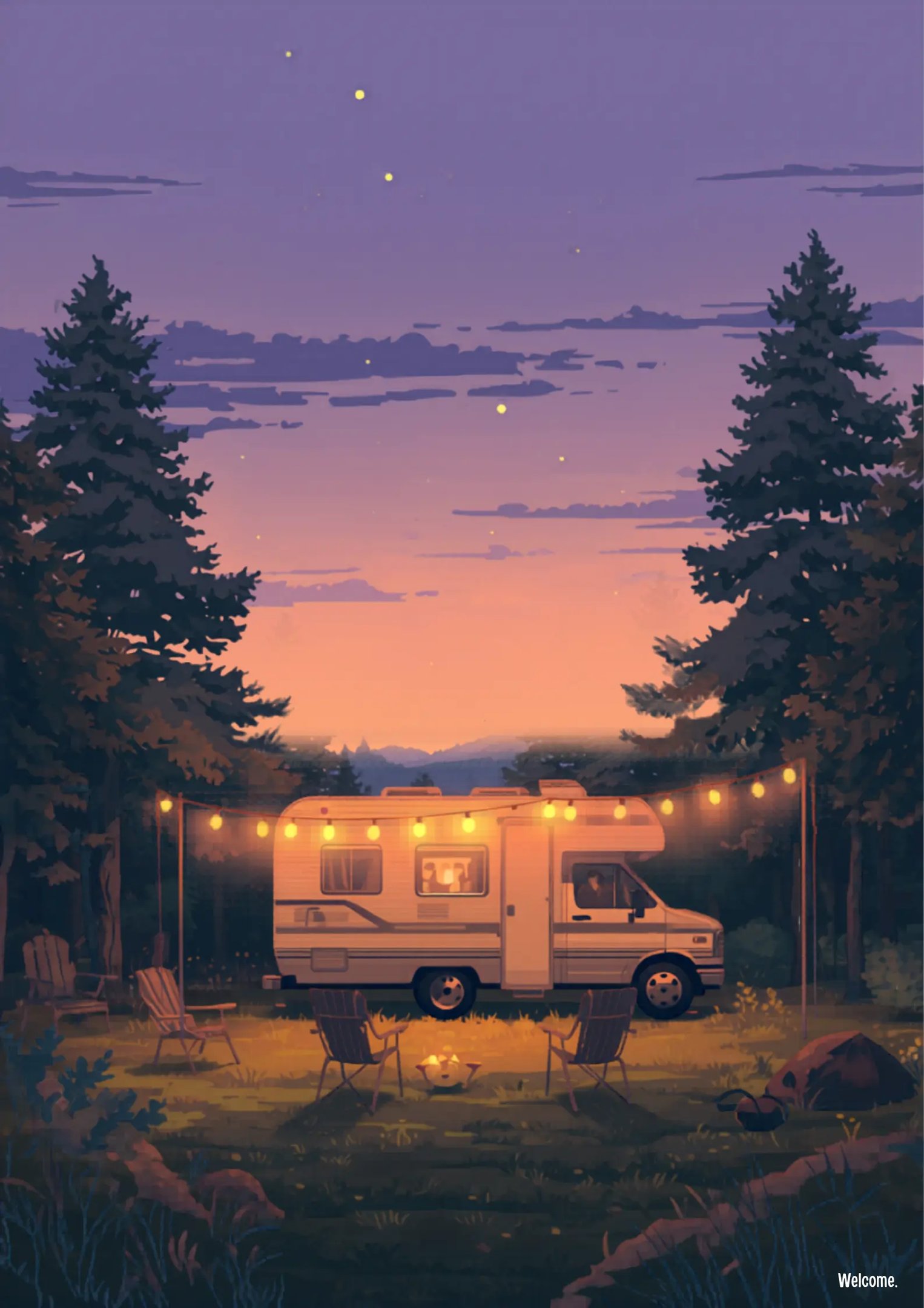 Cozy RV campsite at dusk with camp chairs and string lights — Horacio & Visconti