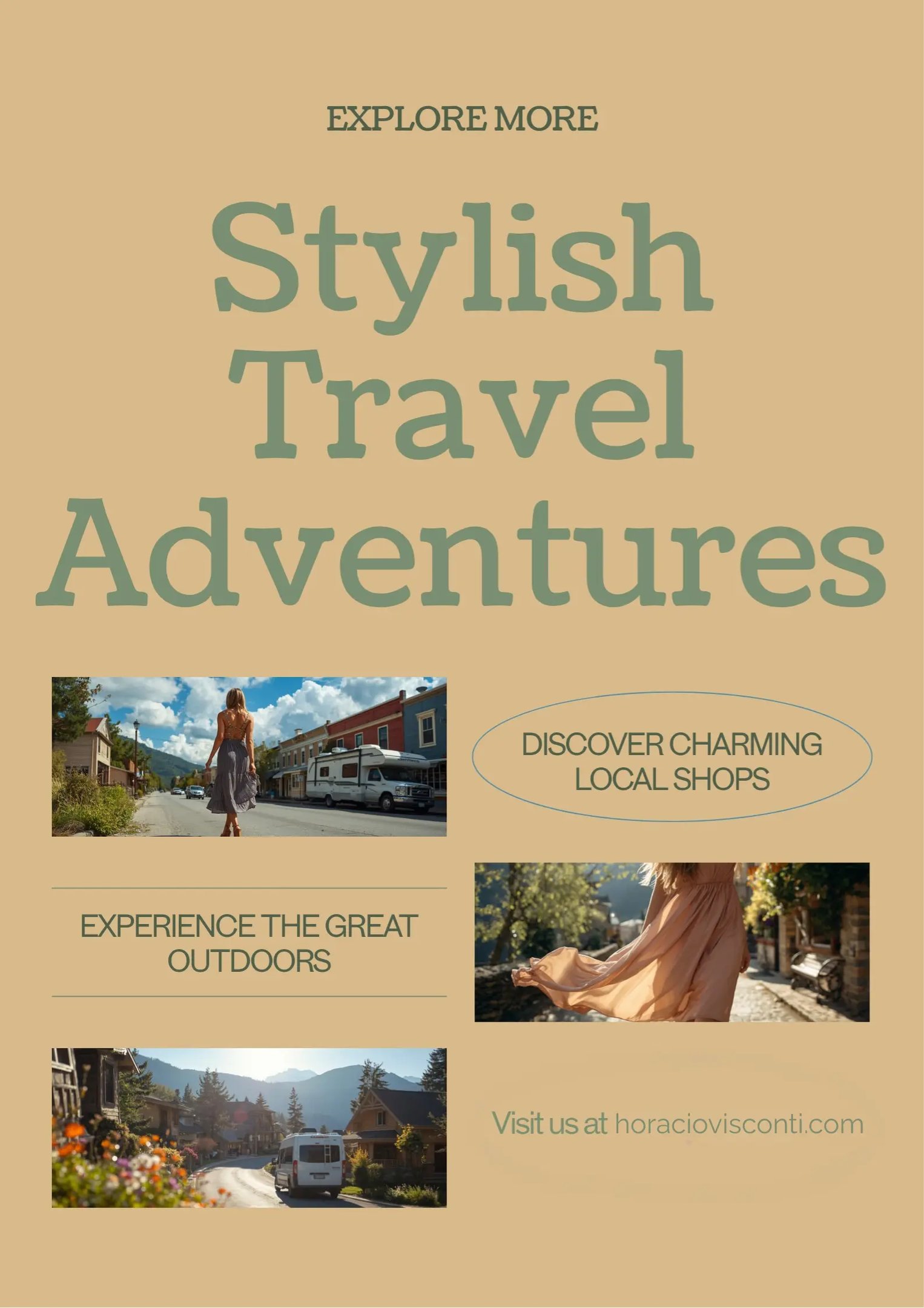 Woman in flowy travel dress exploring small mountain town near RV park — Horacio & Visconti
