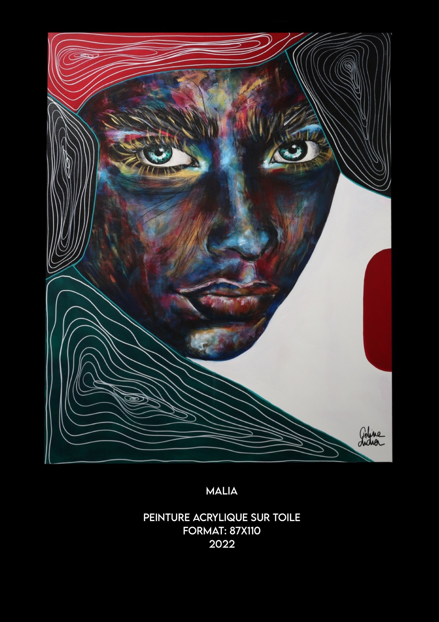 Portait féminin contemporain Céline Didier artiste peintre expression colorée et contrastée aux tons rouge blanc vert noir