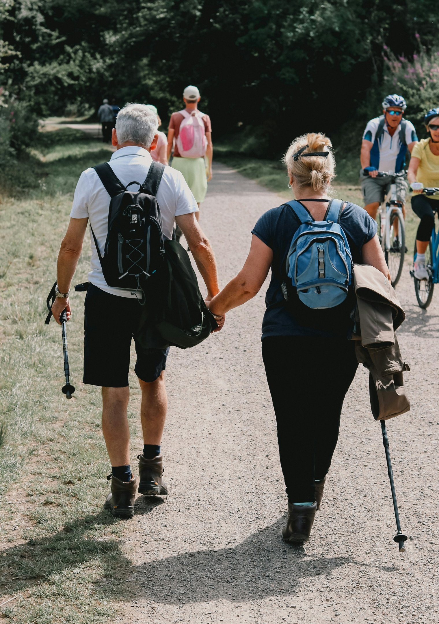 Older adults hiking together on a forest trail