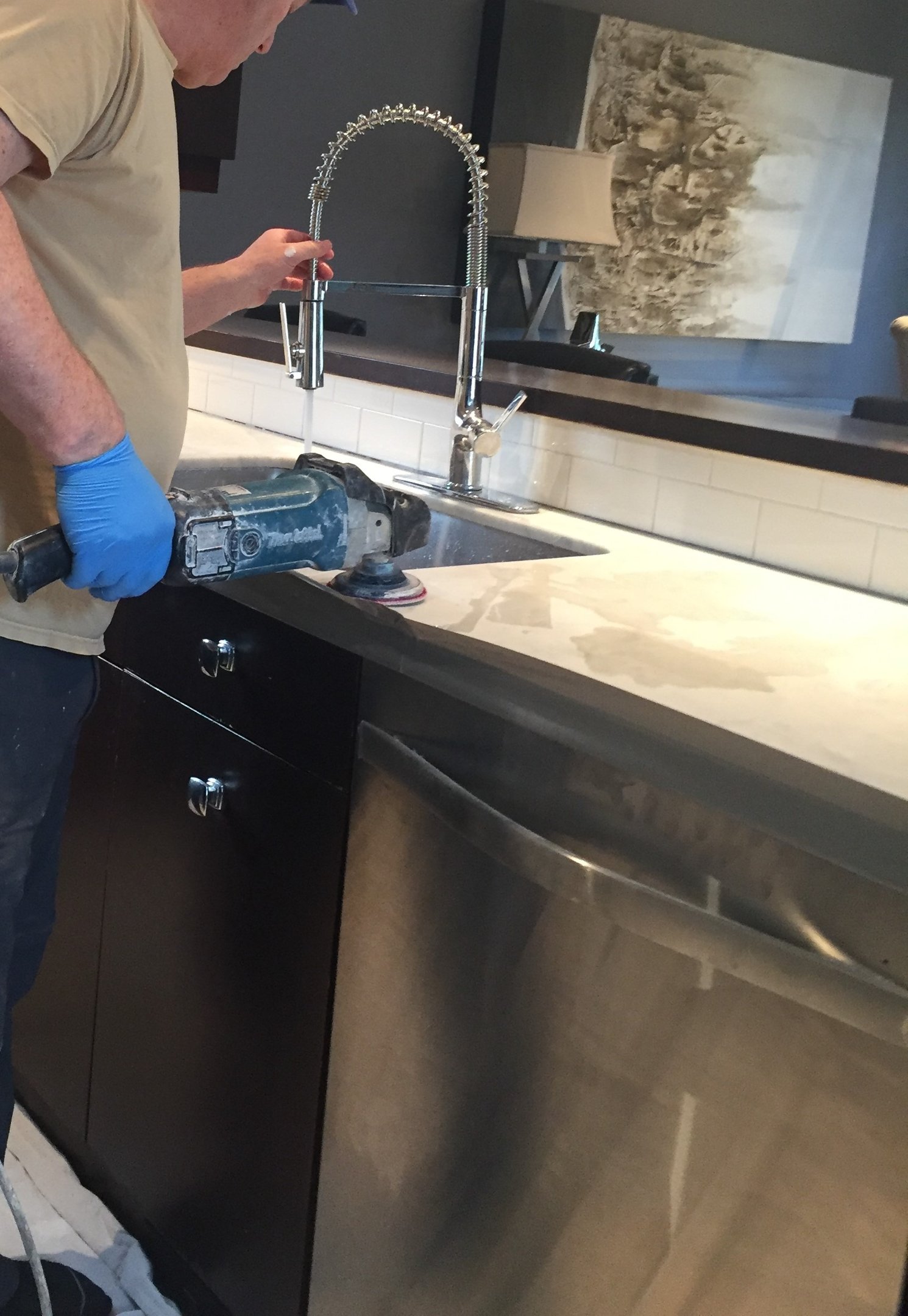 Small handmachine with highest quality diamond resin pads is used to restore marble kitchen countertops back to beautiful