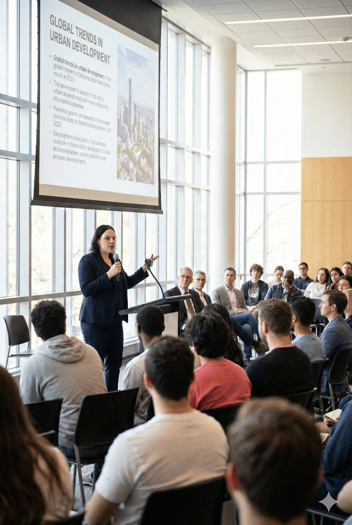A professional woman presenting global urban development trends to an audience at a seminar.