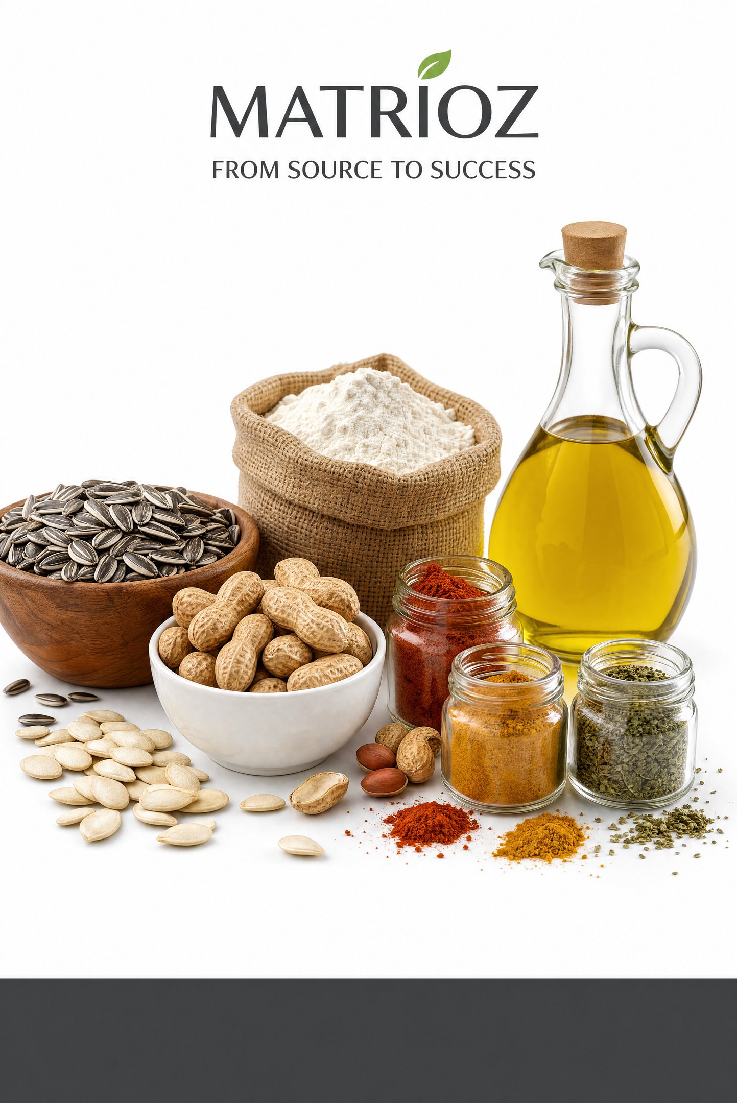 Selection of healthy food ingredients including sunflower seeds, peanuts, flour, olive oil, and spices.