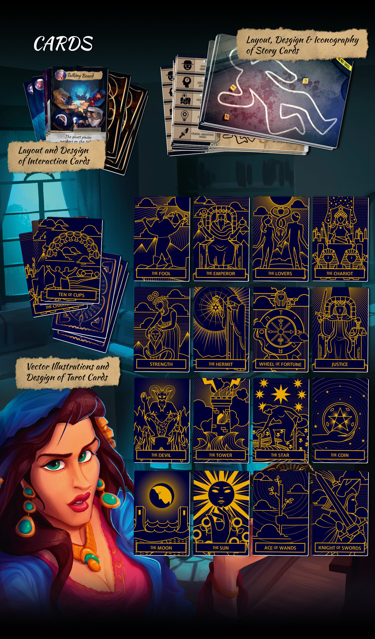Layout and Design of cards. Vector Illustrations of Tarot cards