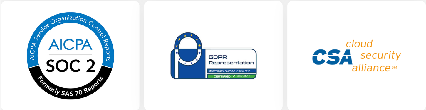 AICPA SOC 2, GDPA, and CSA Compliant badges