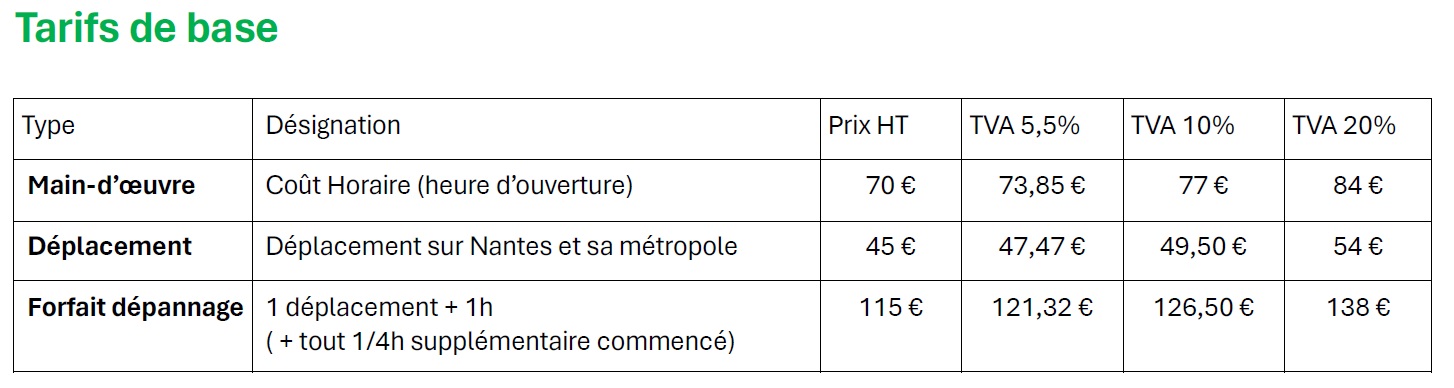 Tarif dépannage