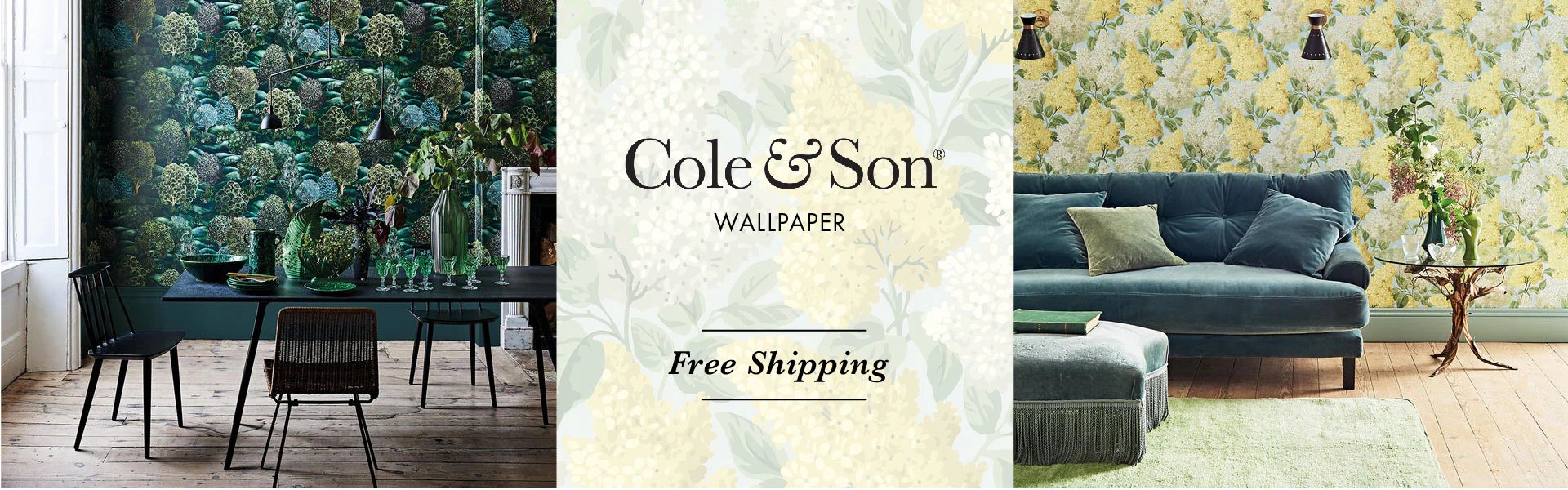 Cole & Son floral wallpaper featuring forest and lilac designs in stylish dining and living rooms.