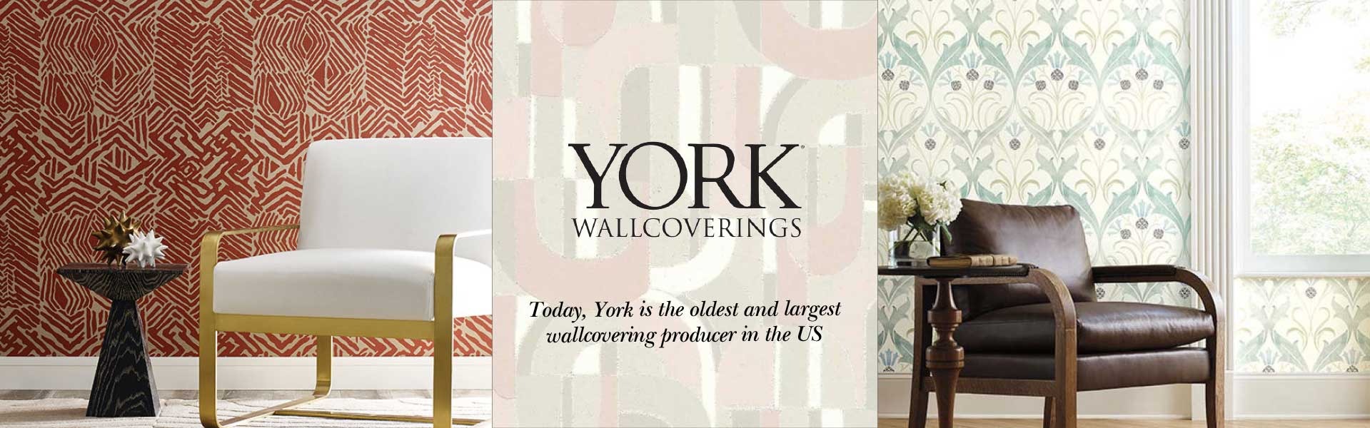 Elegant York Wallcoverings banner featuring modern patterned wallpaper designs and stylish home interior decor.
