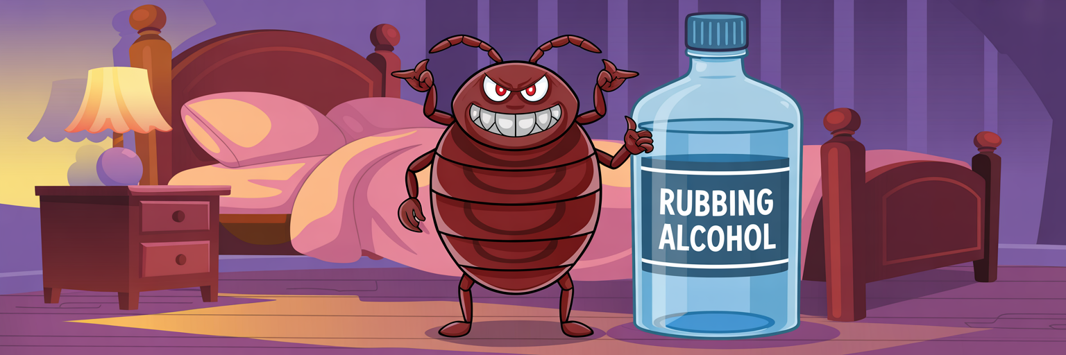 a bed bug next to a bottle of rubbing alcohol