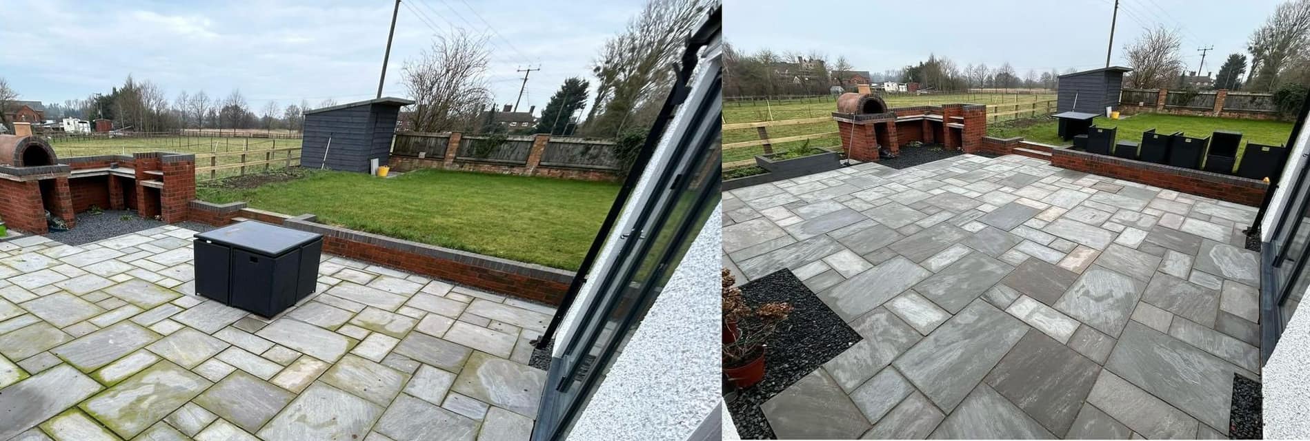 before and after picture of grey garden slabs that have been pressure washed to a high standard