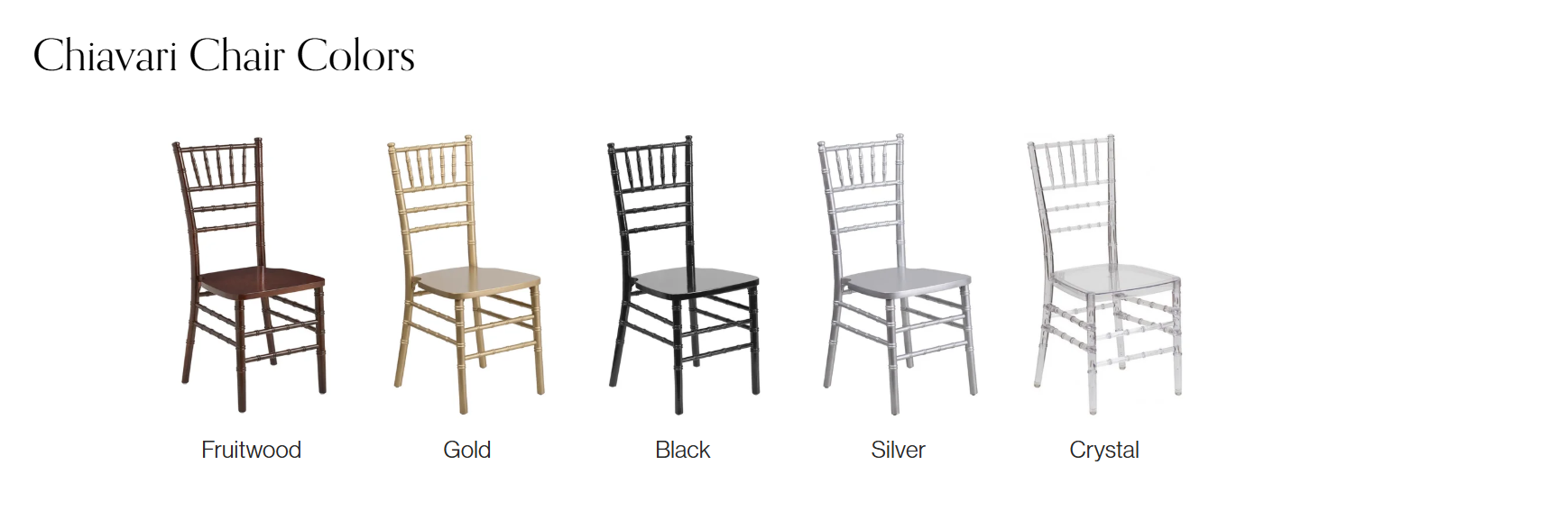 Event rental - Chiavari Chairs with different colors Gold Black, Silver Clear Mahogany