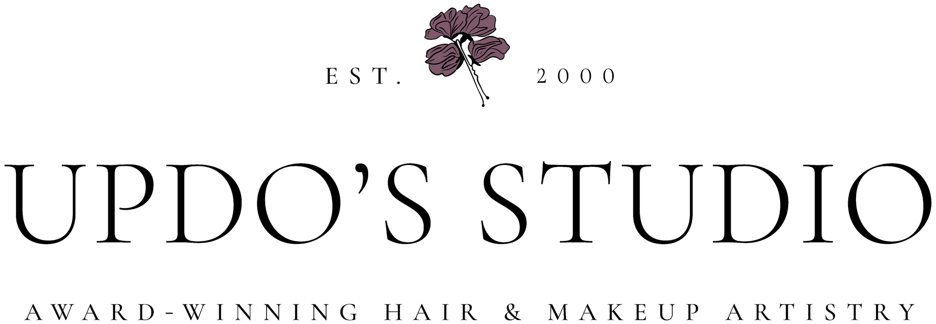 Updo’s Studio expanded logo with mauve floral emblem and extended wordmark, wedding hair and makeup brand.