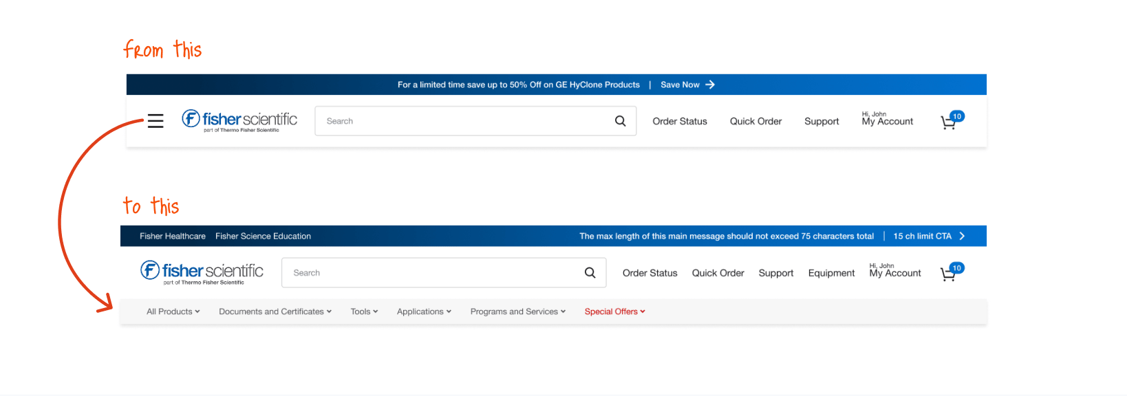 Comparison of old and new Fisher Scientific website header design with updated navigation menu and search bar.