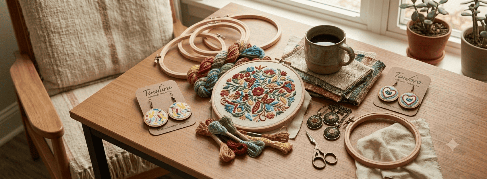Bordados florales hechos a mano, madejas de hilo de colores y joyas bordadas sobre mesa de madera.