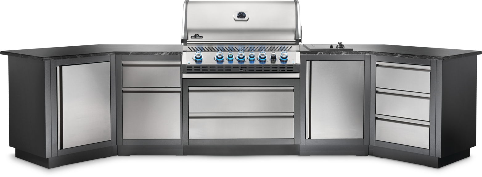 Napoleon Oasis modular outdoor kitchen with stainless steel cabinets and a built in grill head
