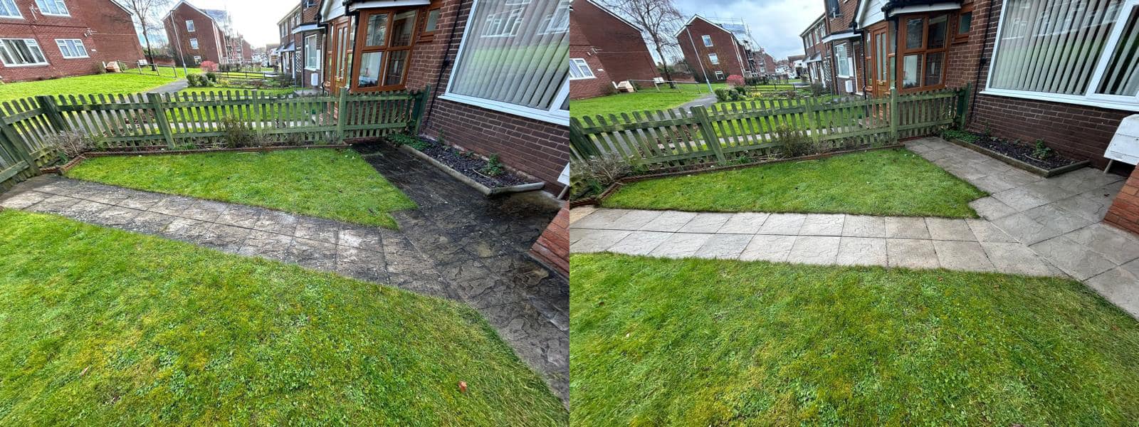 before and after picture of garden path thats been pressure washed