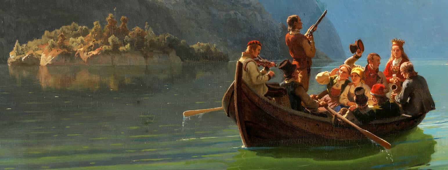 a painting of a bridal party in a boat wearing traditional costume