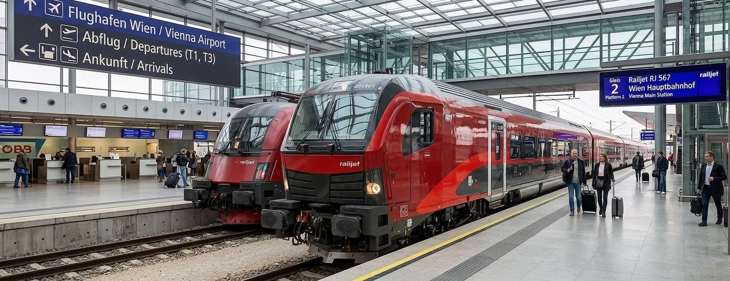 Trenes Railjet de ÖBB en la estación de tren del Aeropuerto de Viena con pasajeros 