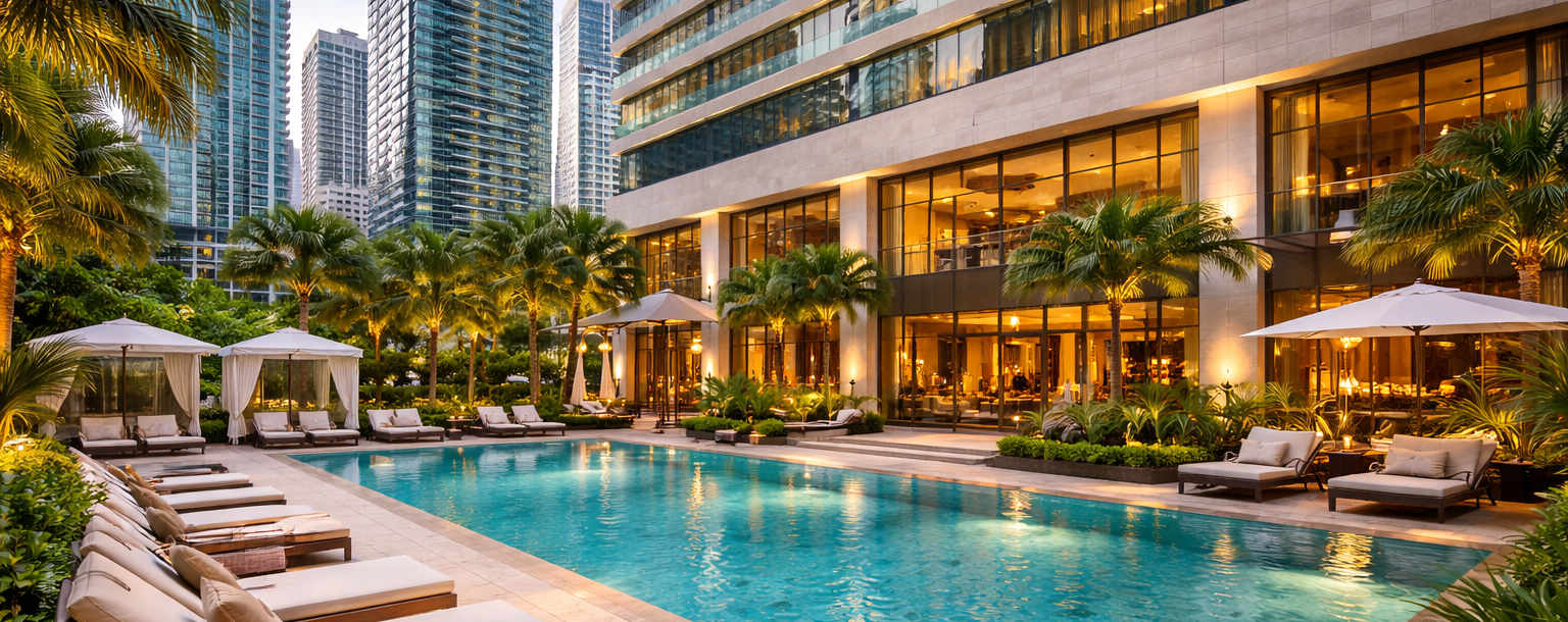 Luxury hotel swimming pool with lounge chairs and palm trees at dusk in a city skyline setting.
