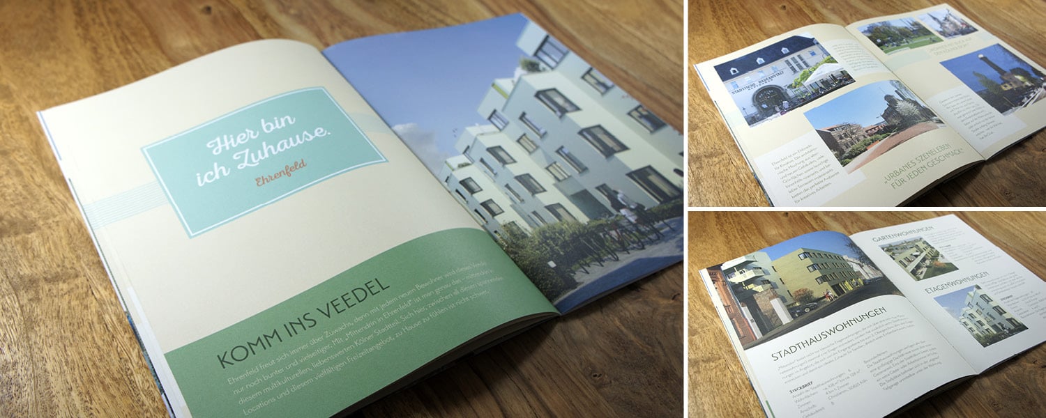 A printed real estate brochure for Ehrenfeld apartments featuring modern architecture and urban lifestyle photography.