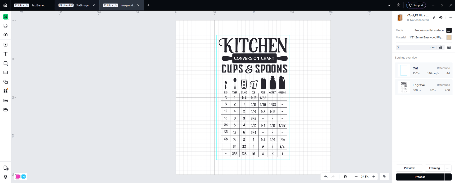 Laser cutter software interface showing a kitchen conversion chart design for wood engraving.