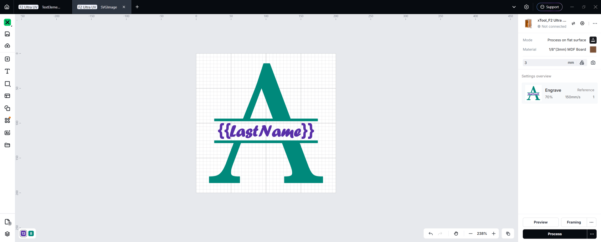 A split monogram letter A design in xTool laser software for custom engraving.