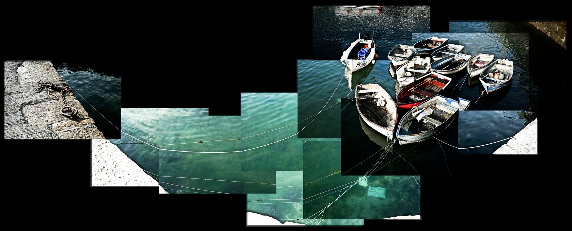 A photo joiner of small boats tied in a Cornish harbour
