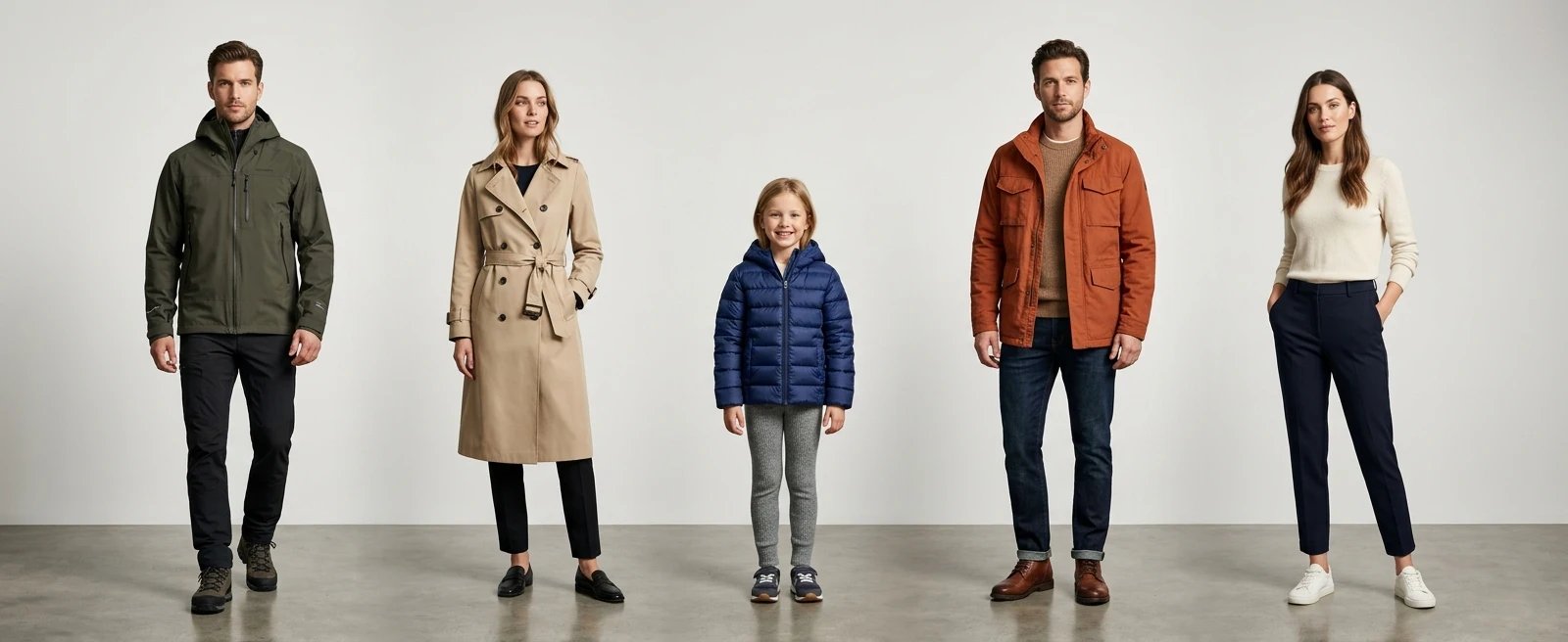 High-end fashion studio image of European models presenting modern outerwear and casual apparel collections