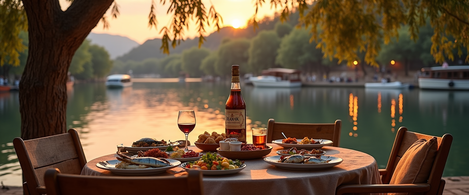 a table with a wine glass and a bottle of wine near Dalyan channel