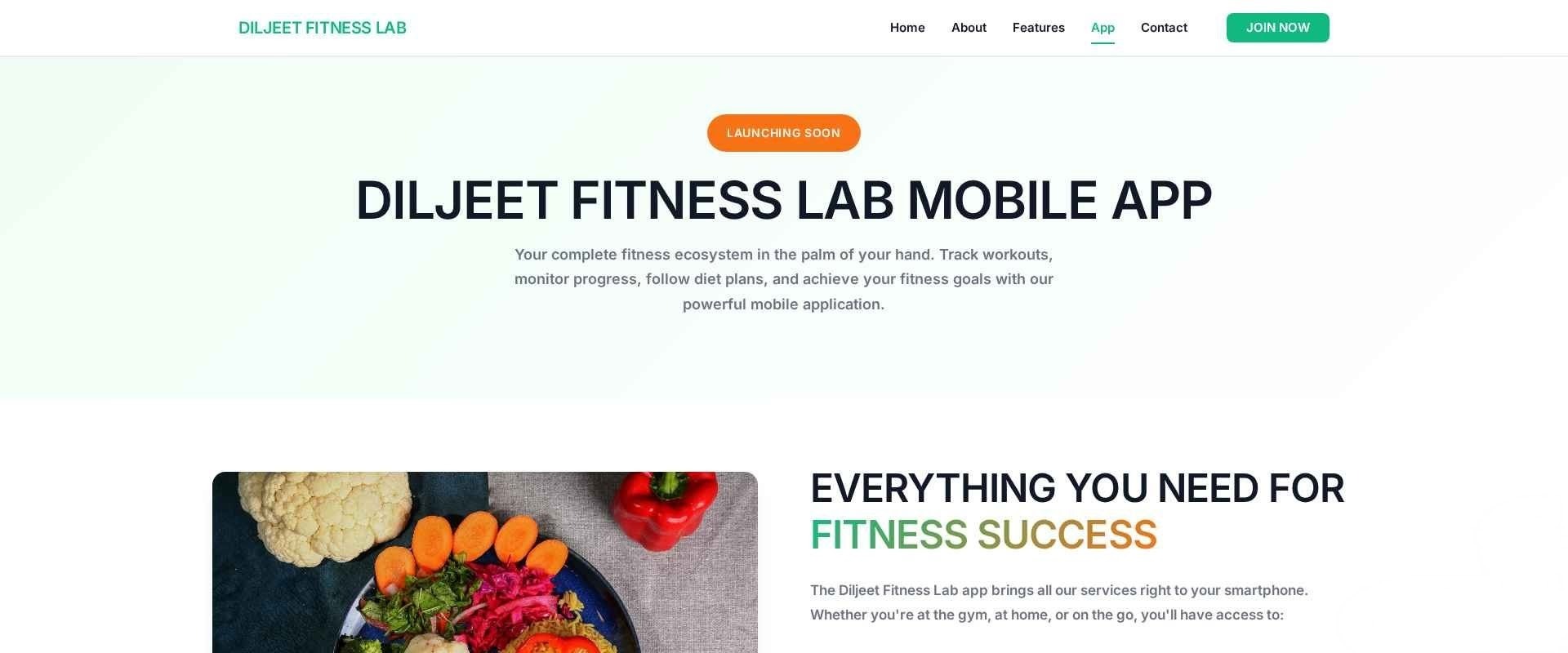 Diljeet Fitness Lab mobile app website showing workout tracking and diet plan features.