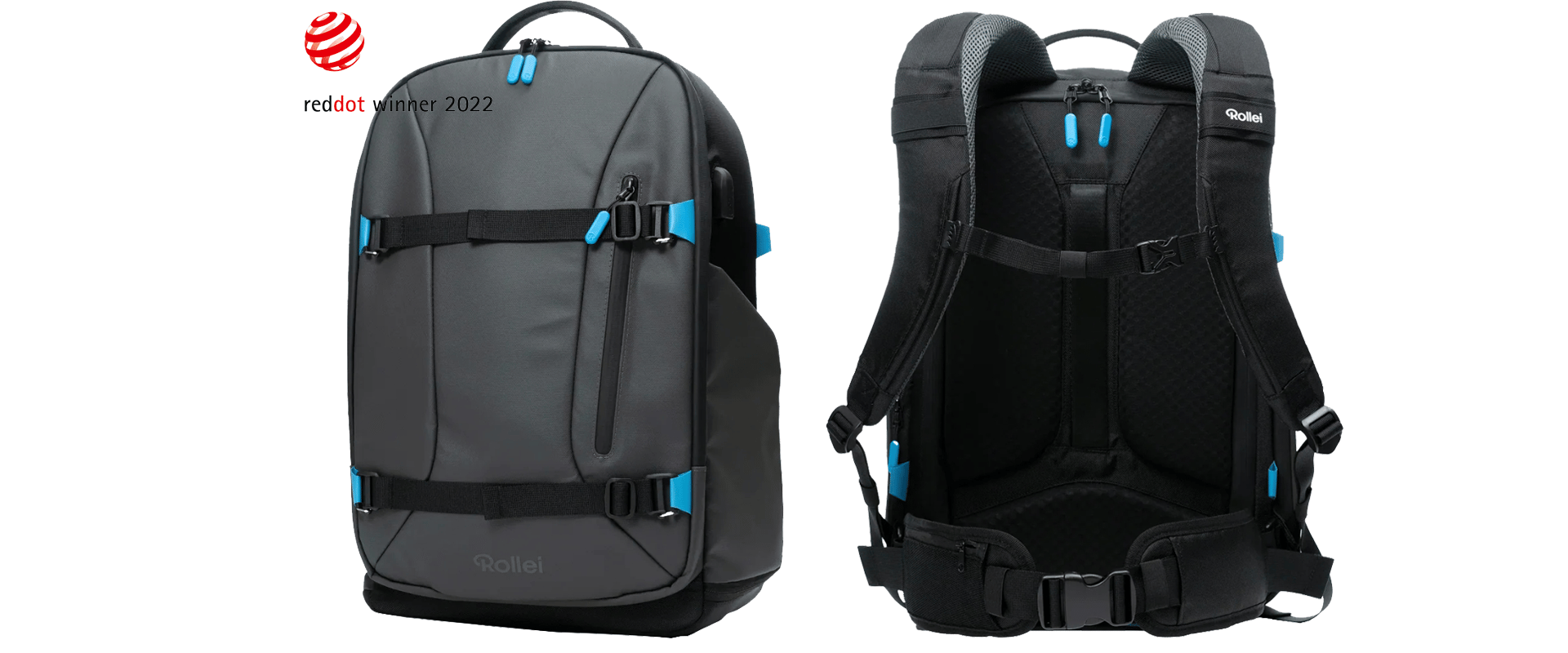 Front and back view of a grey and black backpack with blue accents, featuring a sleek design. 