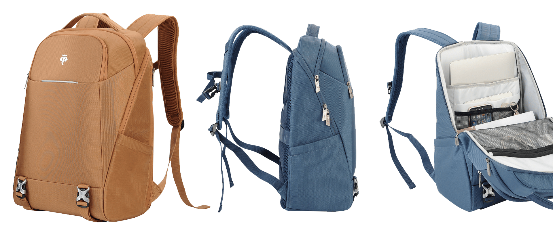 A trio of backpacks is shown. A tan and blue in color.