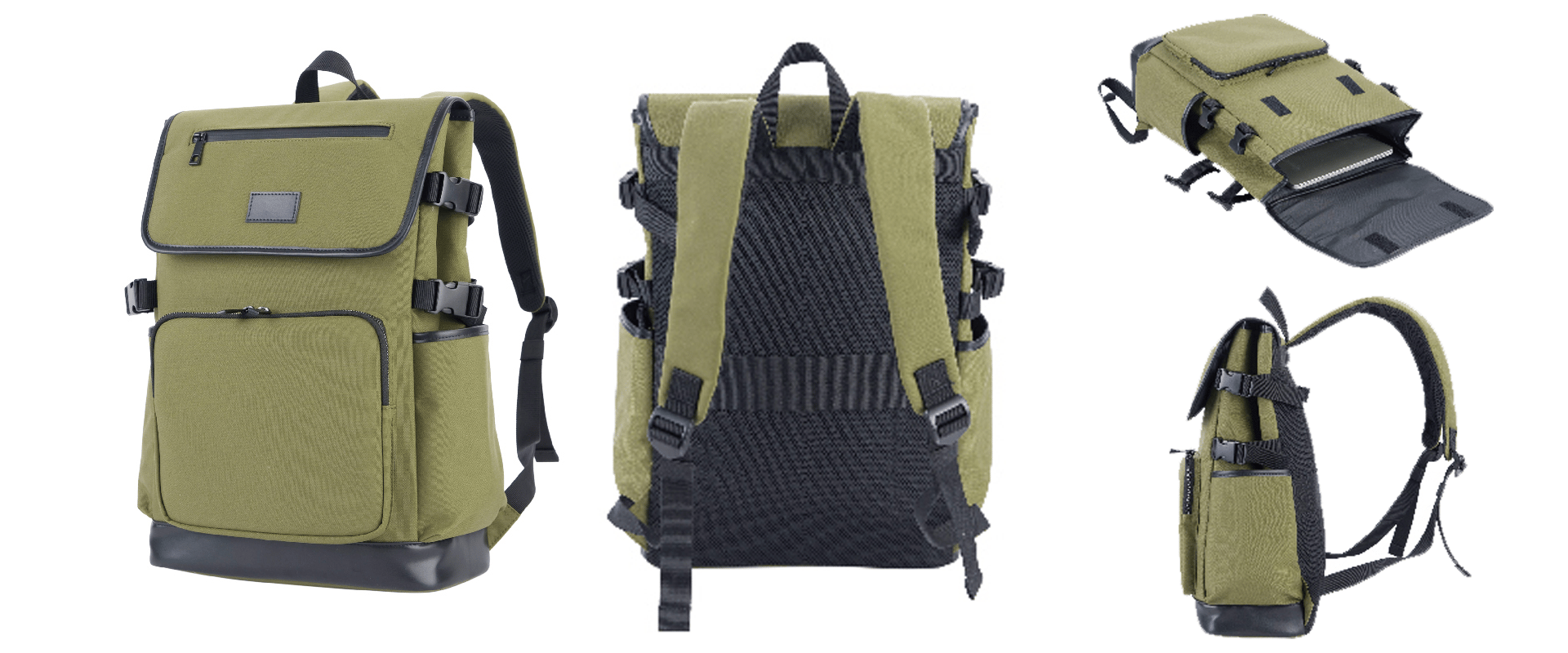 Olive green backpack shown from various angles. Features include adjustable straps, multiple pockets