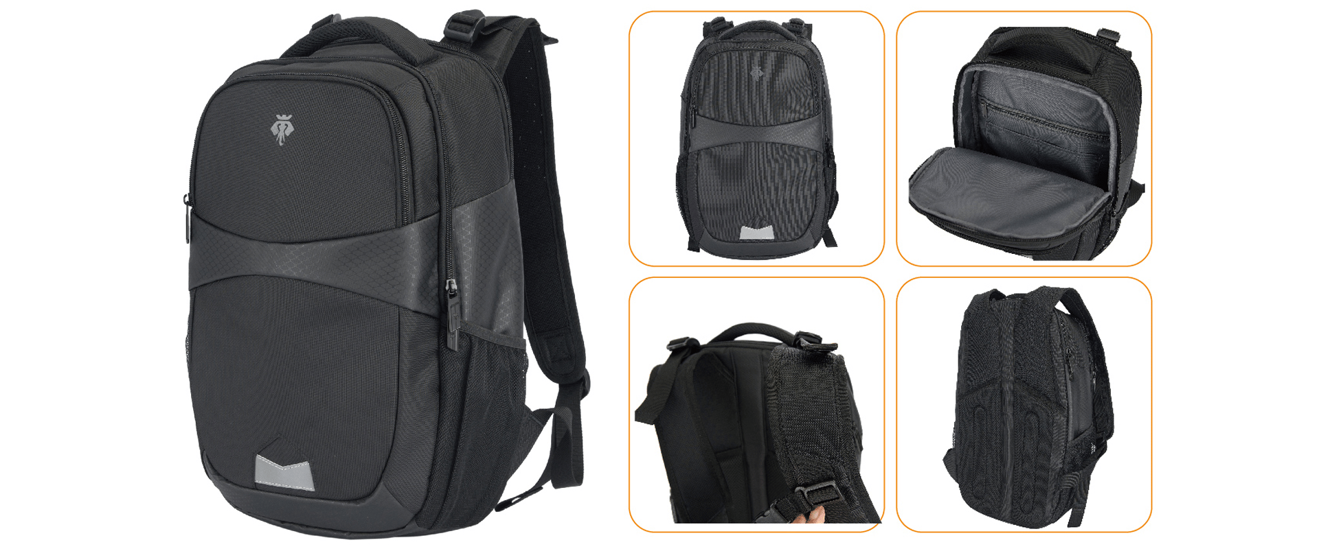 A sleek black backpack with multiple compartments and durable straps is displayed in five views. 