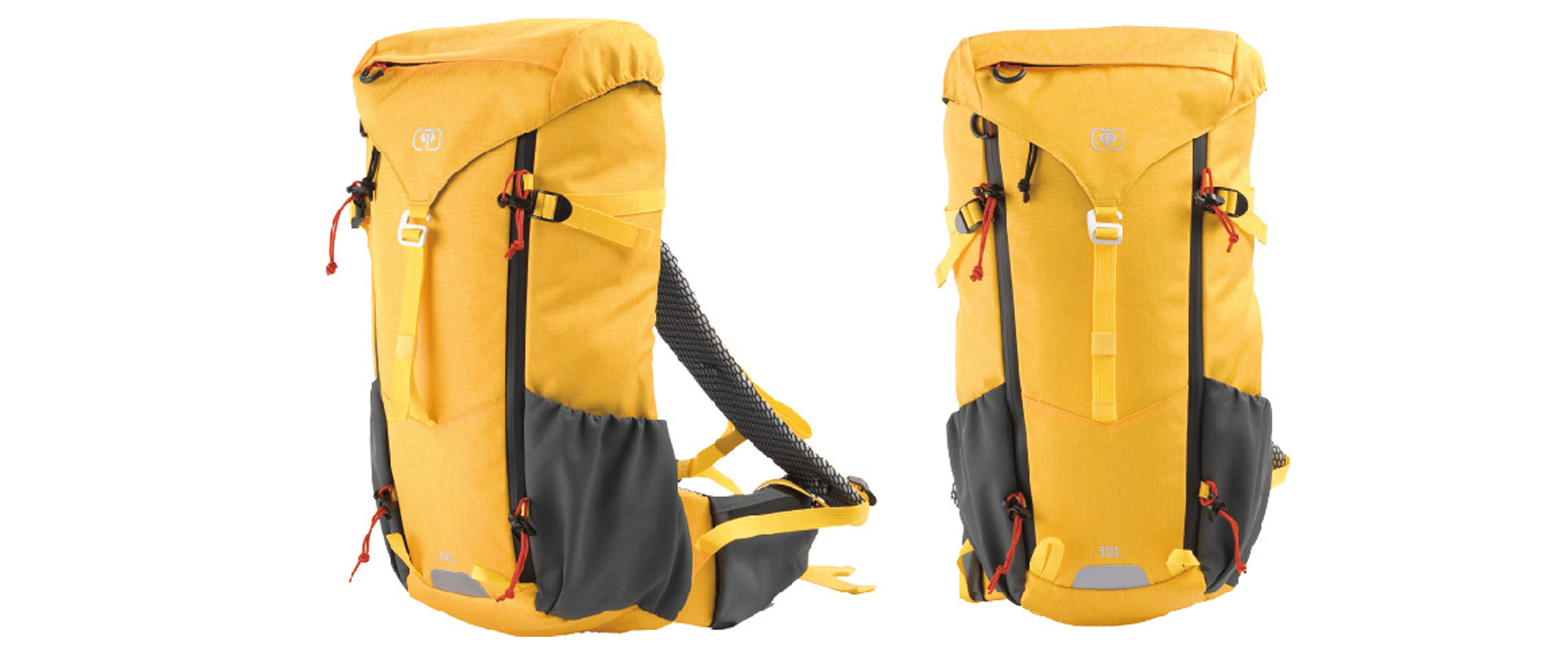 Yellow outdoor backpack with a grey base and red accents. 