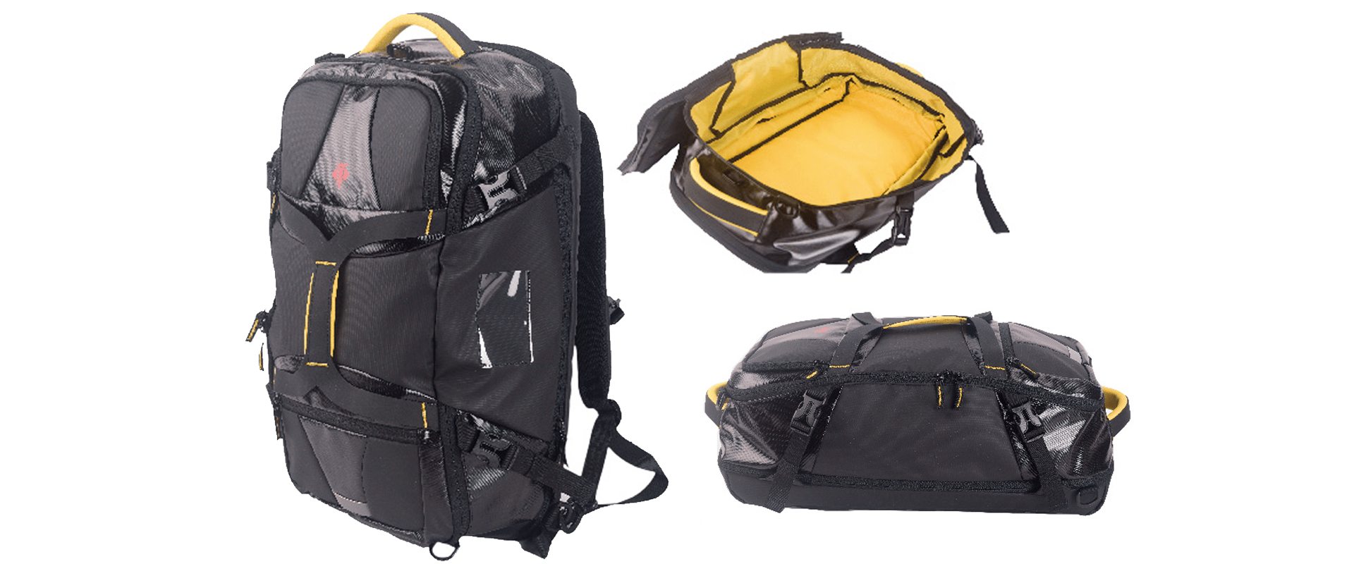 Black and gray travel convertible backpack with yellow accents.