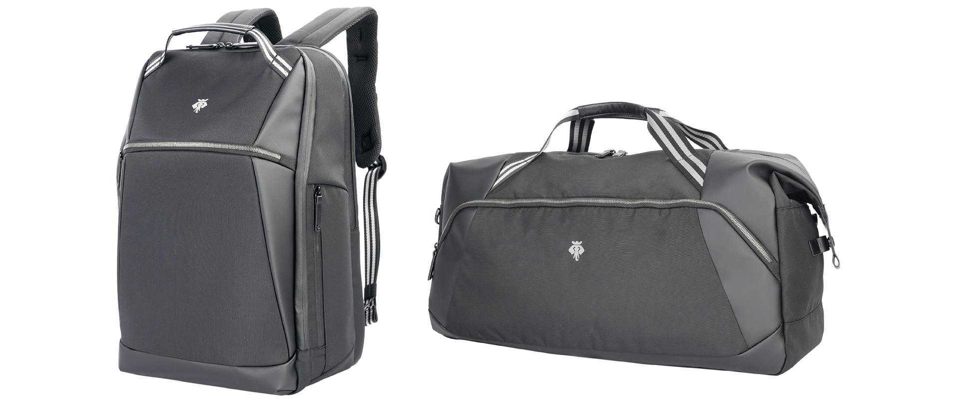 A sleek black backpack and duffle bag with white stripes and silver zippers are side by side .