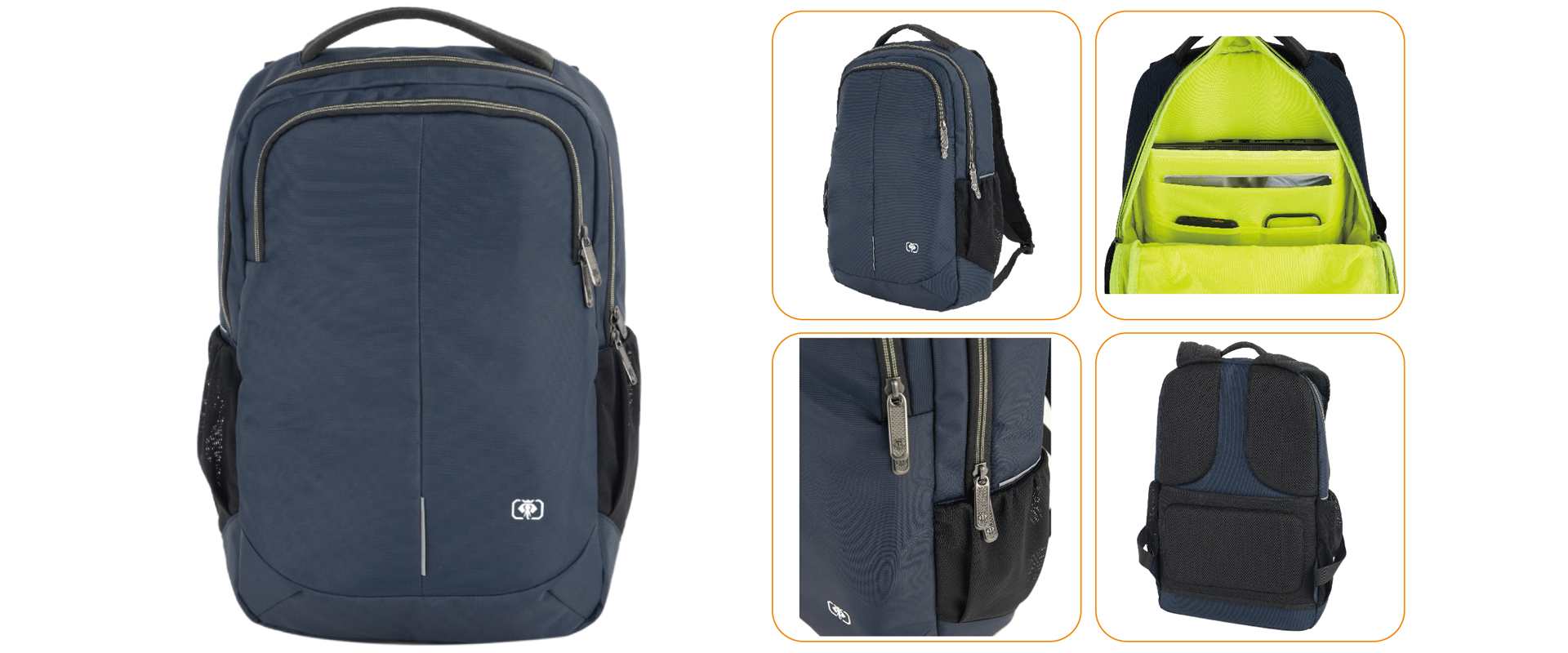 Navy blue backpack with multiple views; front, side, back, and open. 