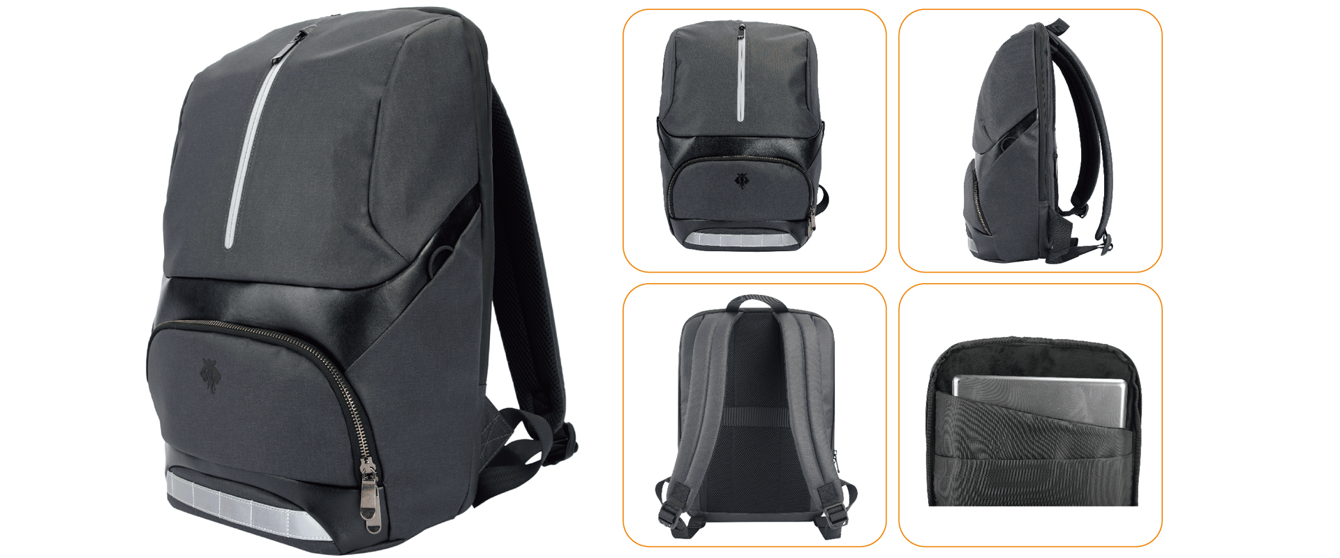 A sleek gray backpack with reflective strip, front zip pocket, and padded straps.