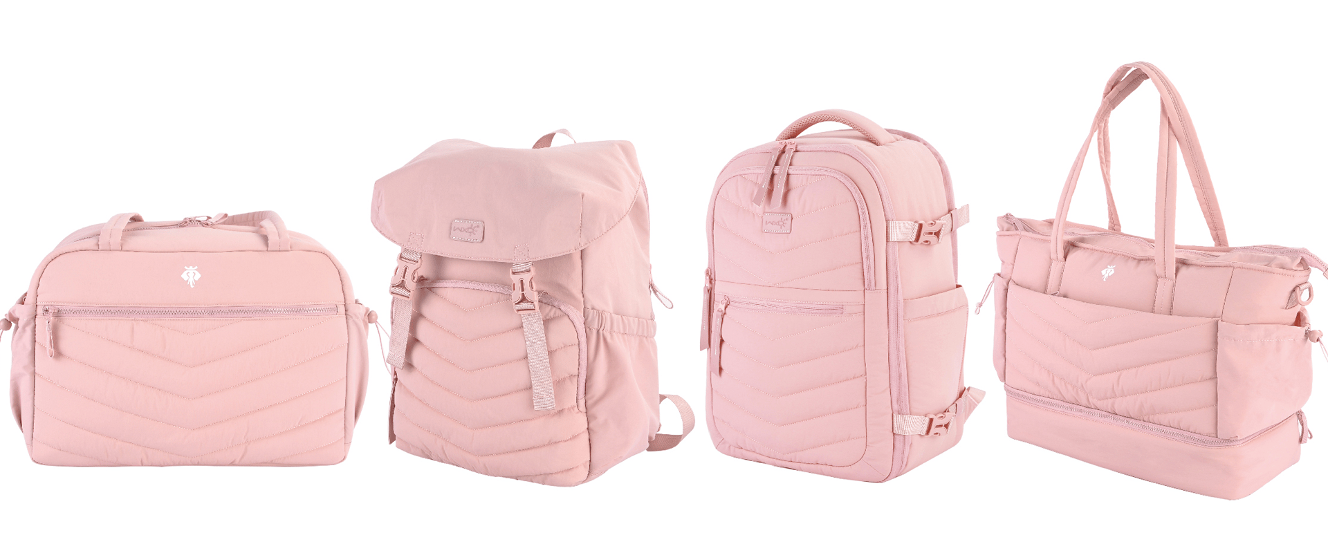 Four light pink bags are lined up: a duffel, a drawstring backpack, a zippered backpack, and a tote.
