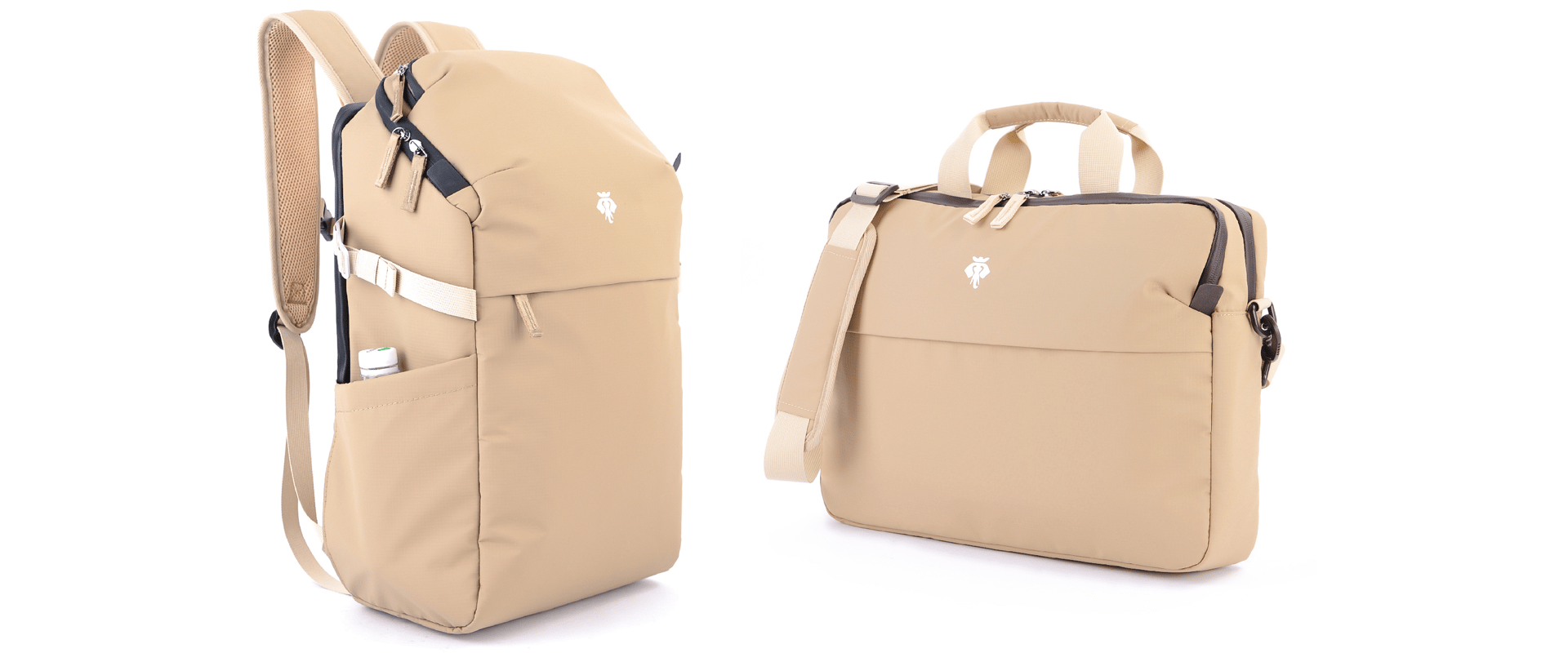 Tan backpack and slim briefcase, both with beige accents and dark zippers