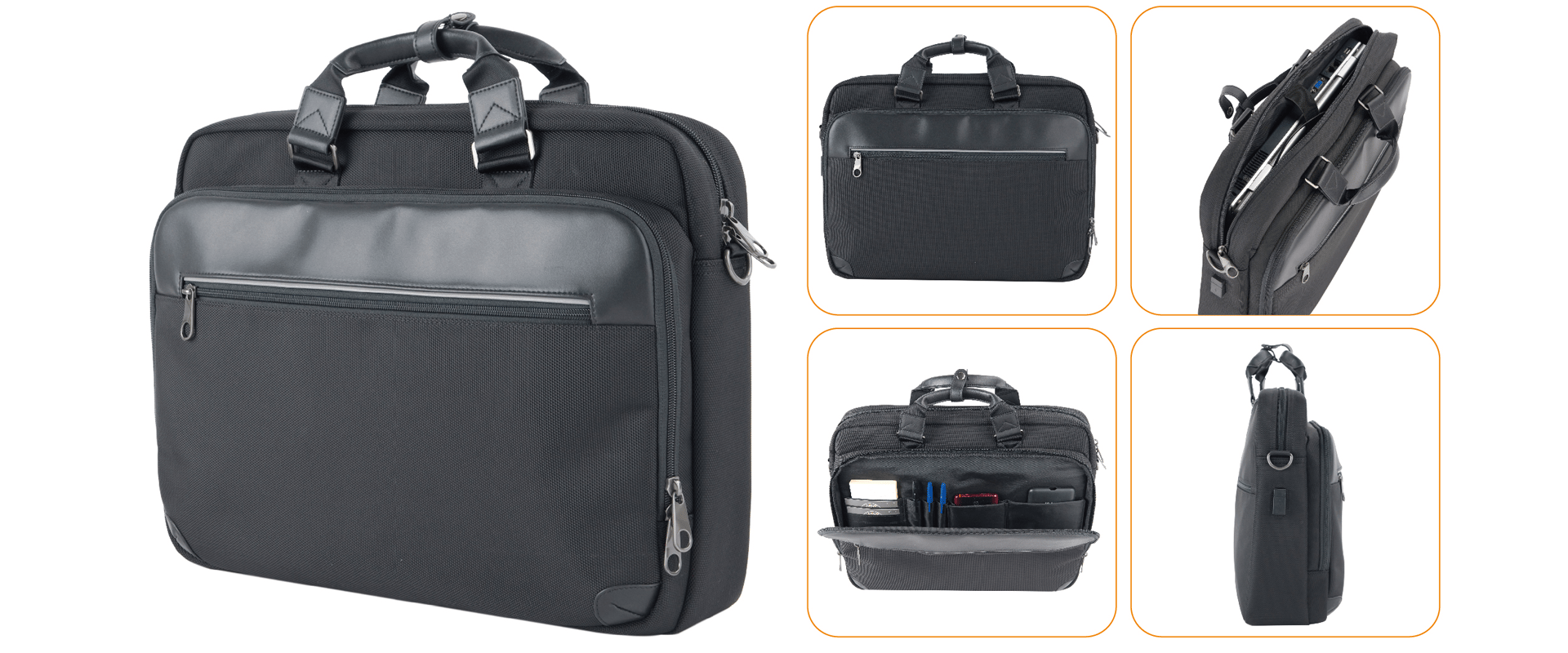 Black laptop briefcase with multiple compartments shown in various angles.