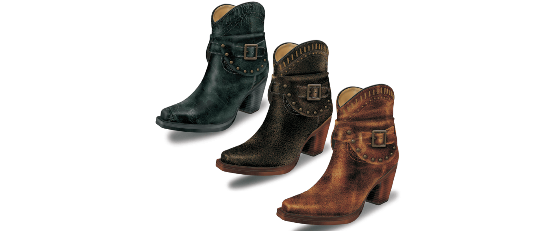 Three stylish, mid-heel ankle boots in teal, black, and brown.