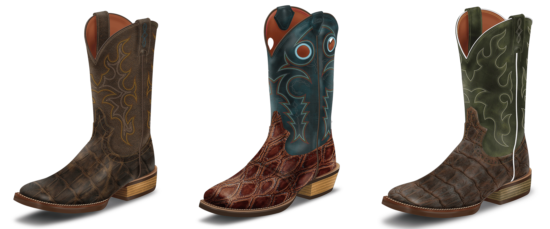Three cowboy boots with unique designs on white background.