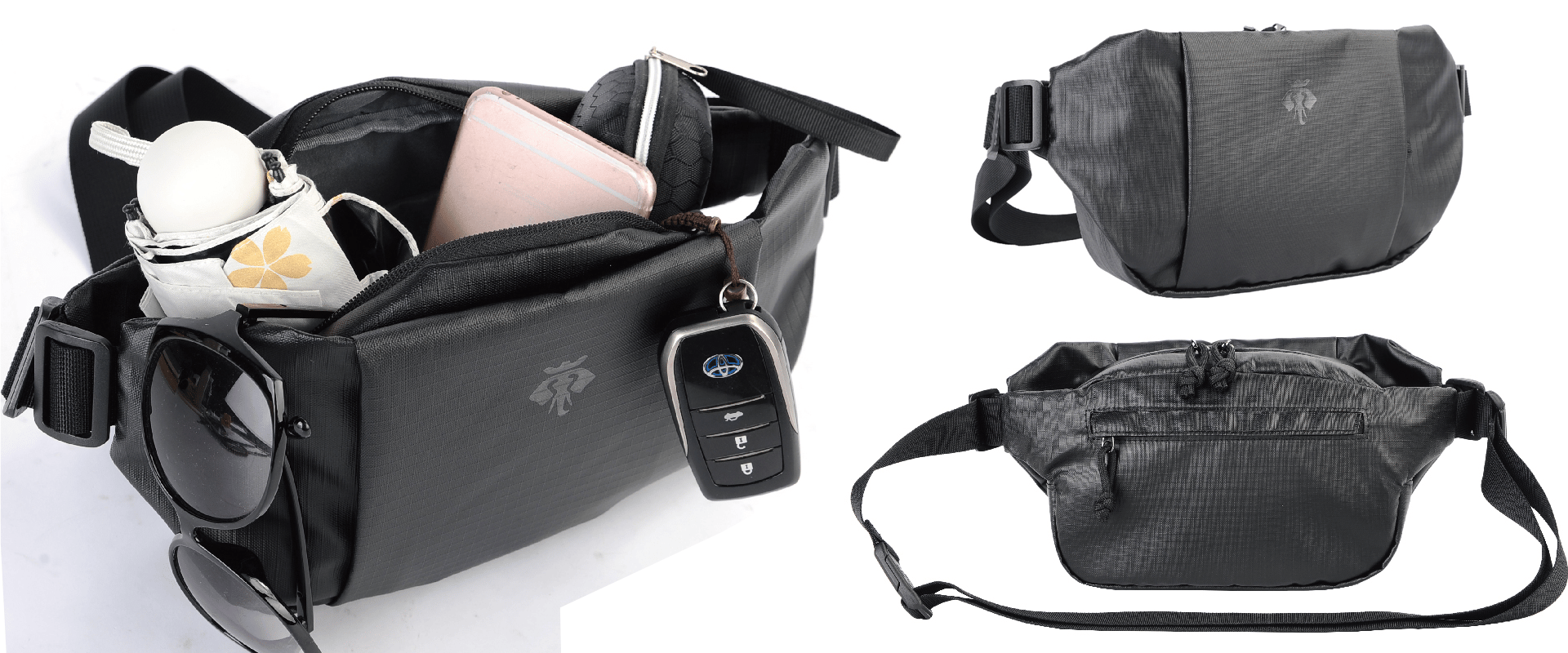 A black crossbody bag is shown in three views, front back and open.