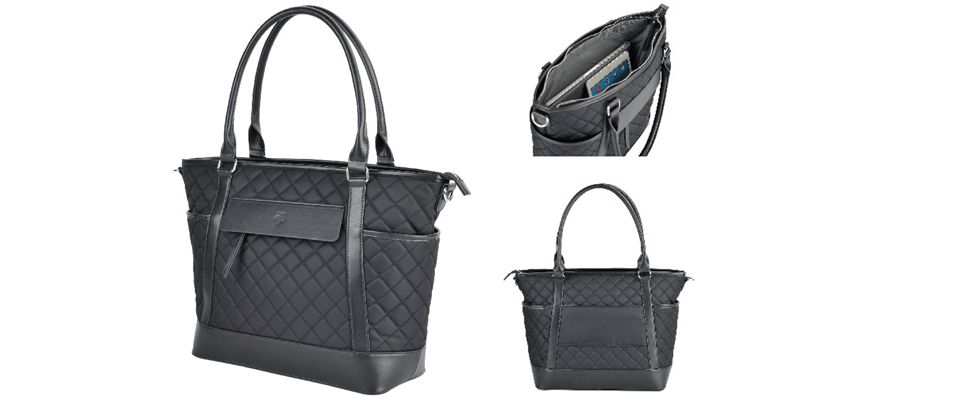 Quilted black laptop womens tote with leather accents and dual handles.
