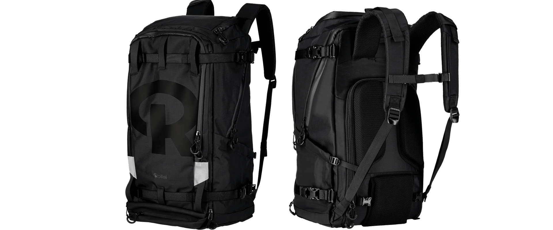 A camera backpacks are shown, one front-facing and the other side-facing.